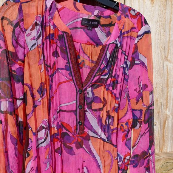 HALE BOB Silk Tunic Blouse Pink Boho Floral Roll Tab Long Sleeves Size XS - Picture 2 of 9